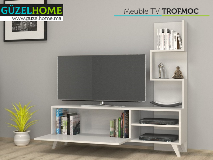 TROFMOC  140cm - Meuble TV avec rangement - Blanc.