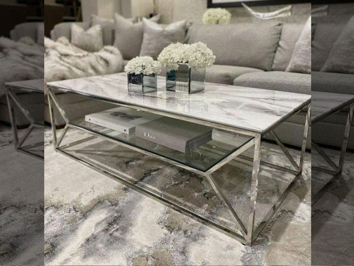 Table moderne HIEARCHIQUO - Vrai marbre blanc et Inox argenté