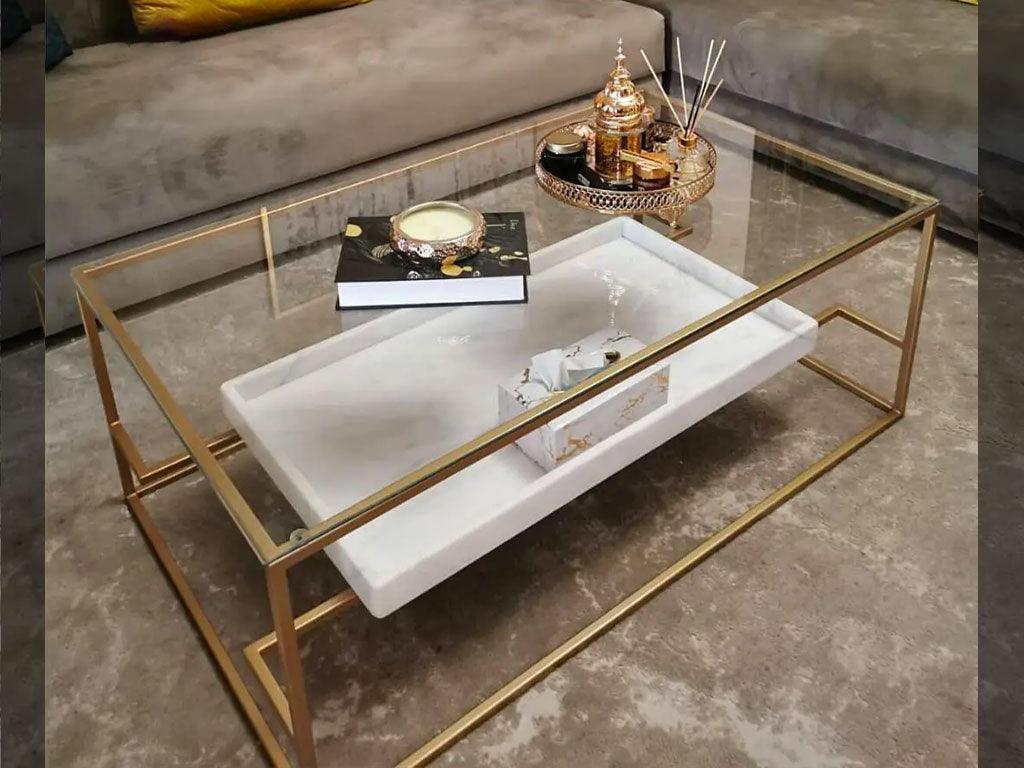Table basse design PLATO - Verre Marbre et Métal