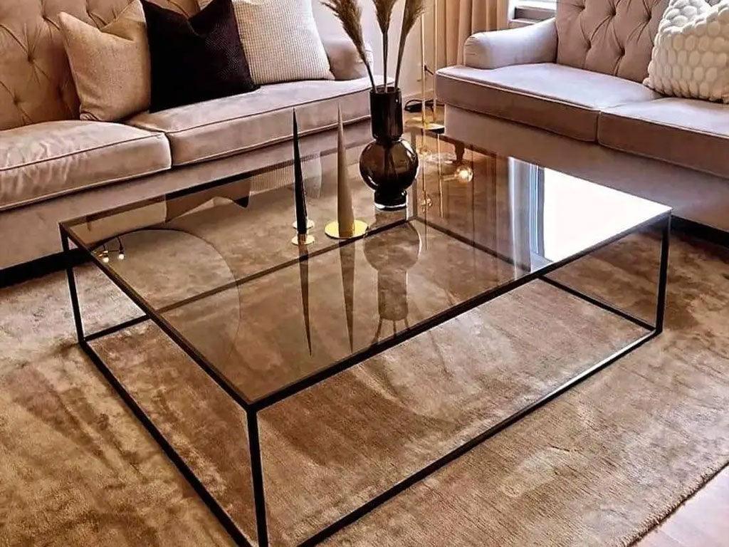 Table salon moderne en verre - structure en métal