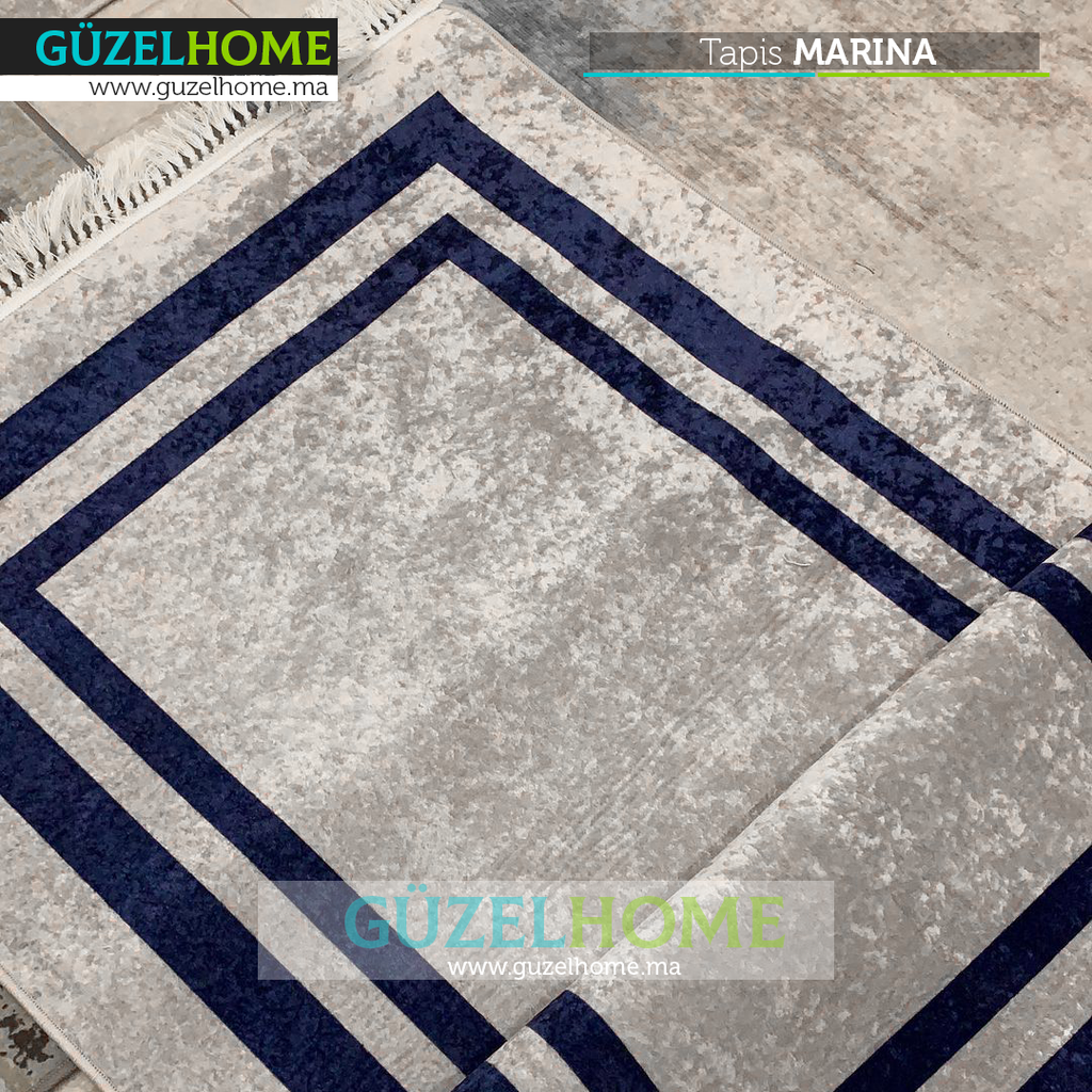 Tapis à franges MARINA - Gris clair et Bleu marine