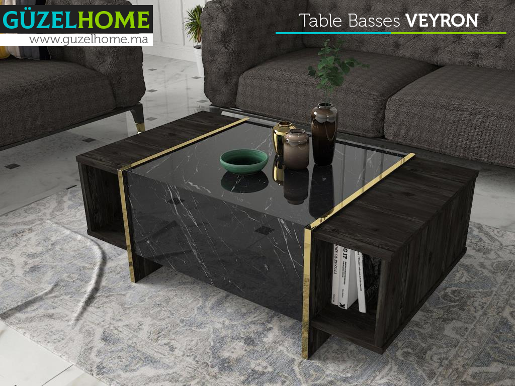 Table Basse VEYRON - Effet Marbre et Noir Charbon