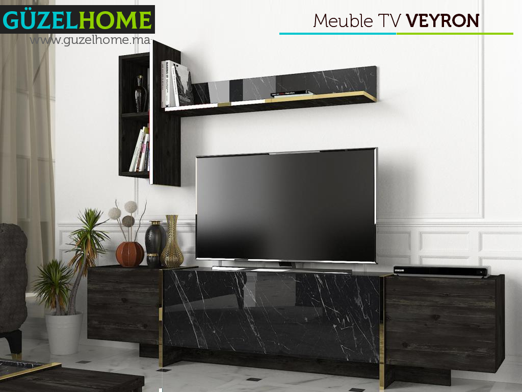 Meuble TV VEYRON - Effet Marbre, Noir Charbon et Doré