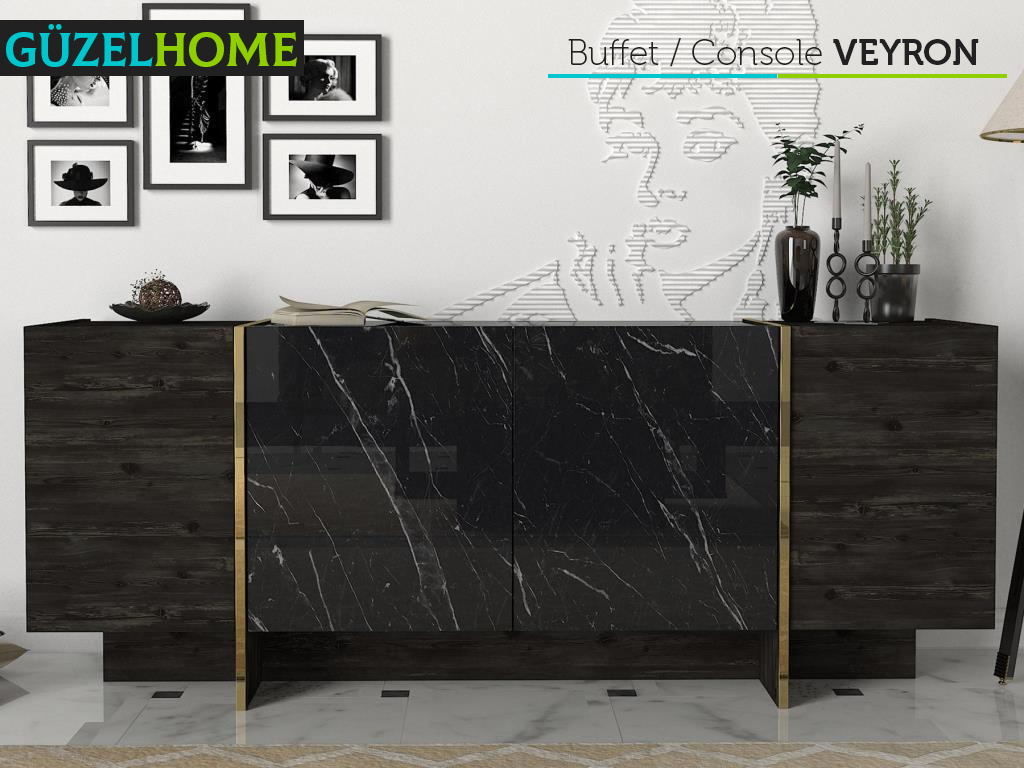 Buffet, Console VEYRON - Noir Charbon, Effet Marbre et Doré