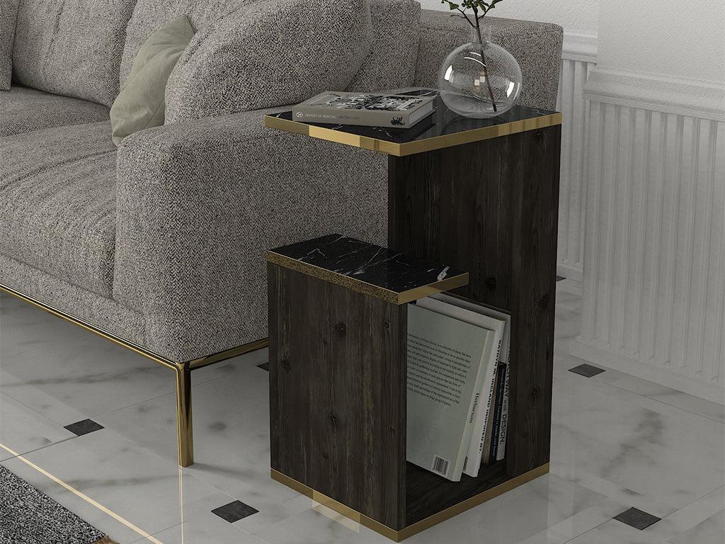 Table d'appoint VEYRON - Noir charbon, Effet Marbre et Doré