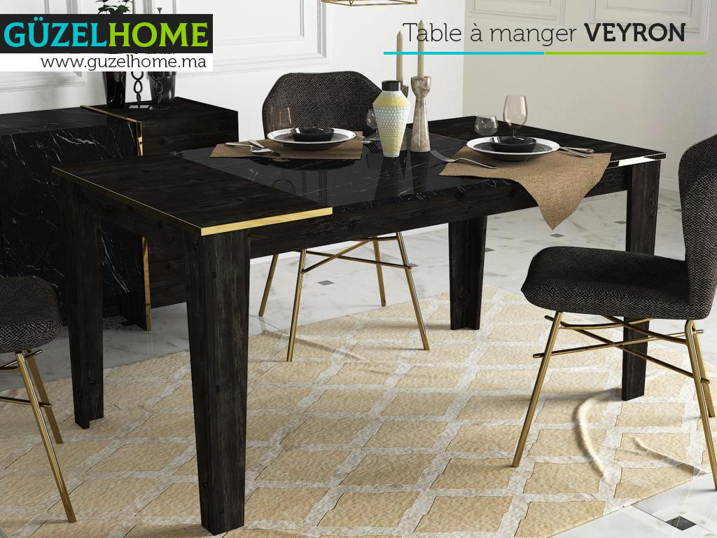 Table à manger VEYRON - Noir charbon, Effet Marbré et Doré