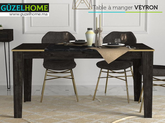 Table à manger VEYRON - Noir charbon, Effet Marbré et Doré