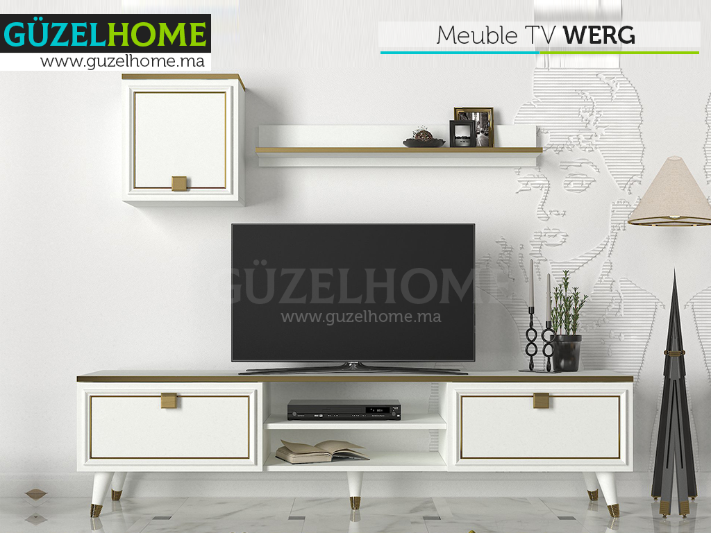 Meuble TV WERG - Blanc et Doré - salon et séjour