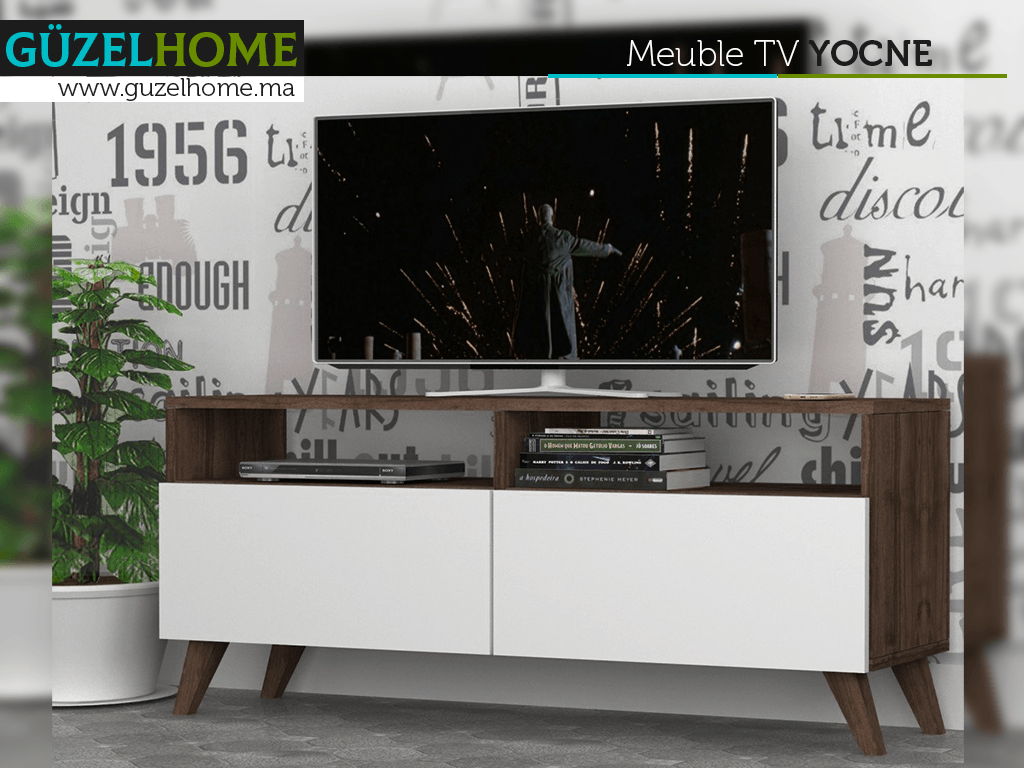 Meuble TV YOCNE - Noyer et Blanc
